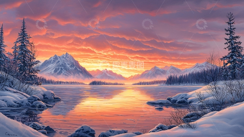 高清大图下载【趣麦麦图】湖面平静的雪山日落