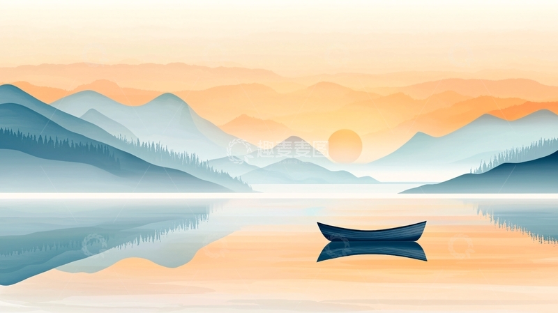 高清大图下载【趣麦麦图】晨曦湖畔静谧小舟