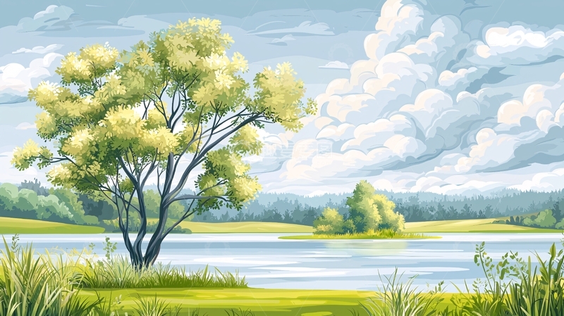 高清大图下载【趣麦麦图】夏日湖畔绿树蓝天