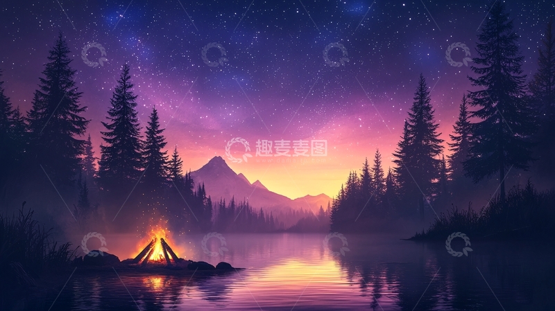 高清大图下载【趣麦麦图】湖边星空下的篝火夜