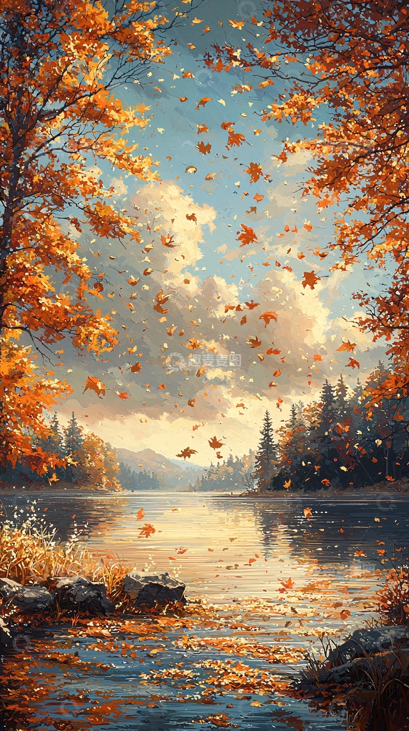 高清大图下载【趣麦麦图】秋日湖畔落叶纷飞