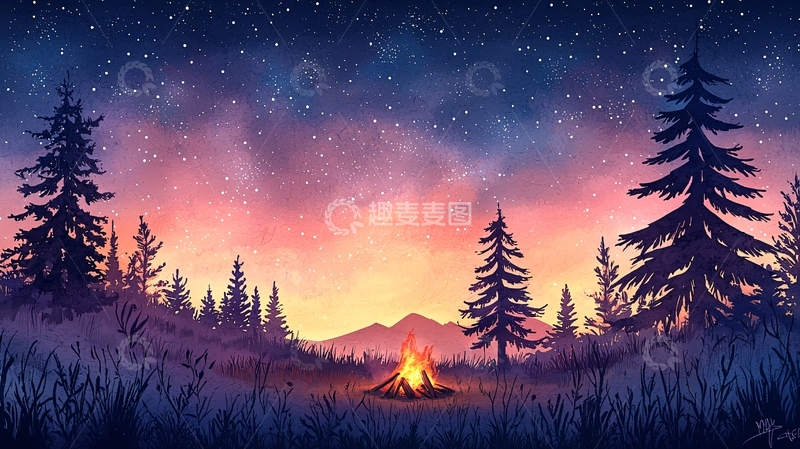 高清大图下载【趣麦麦图】夜空下篝火旁的宁静森林