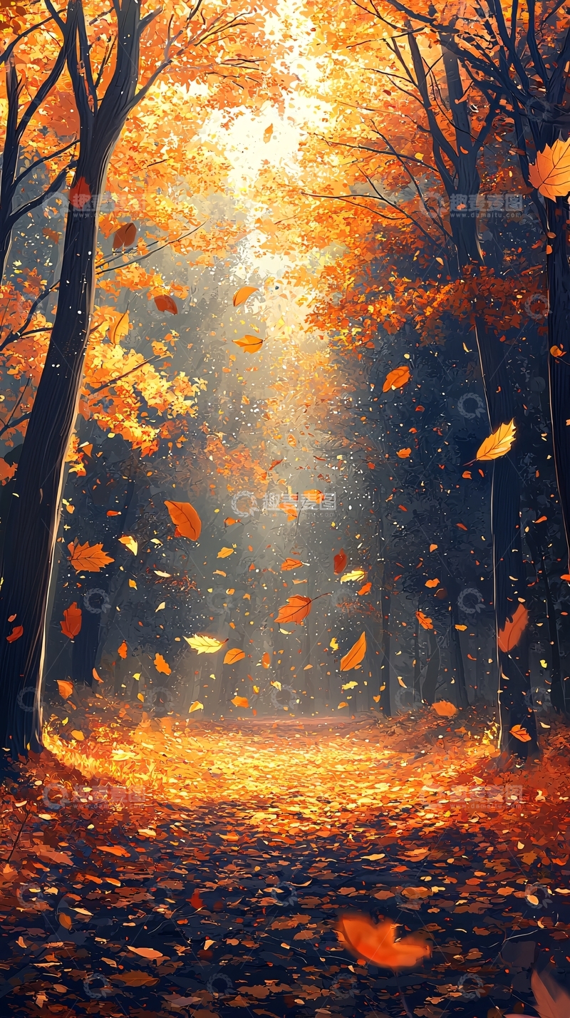高清大图下载【趣麦麦图】秋日森林落叶飘舞