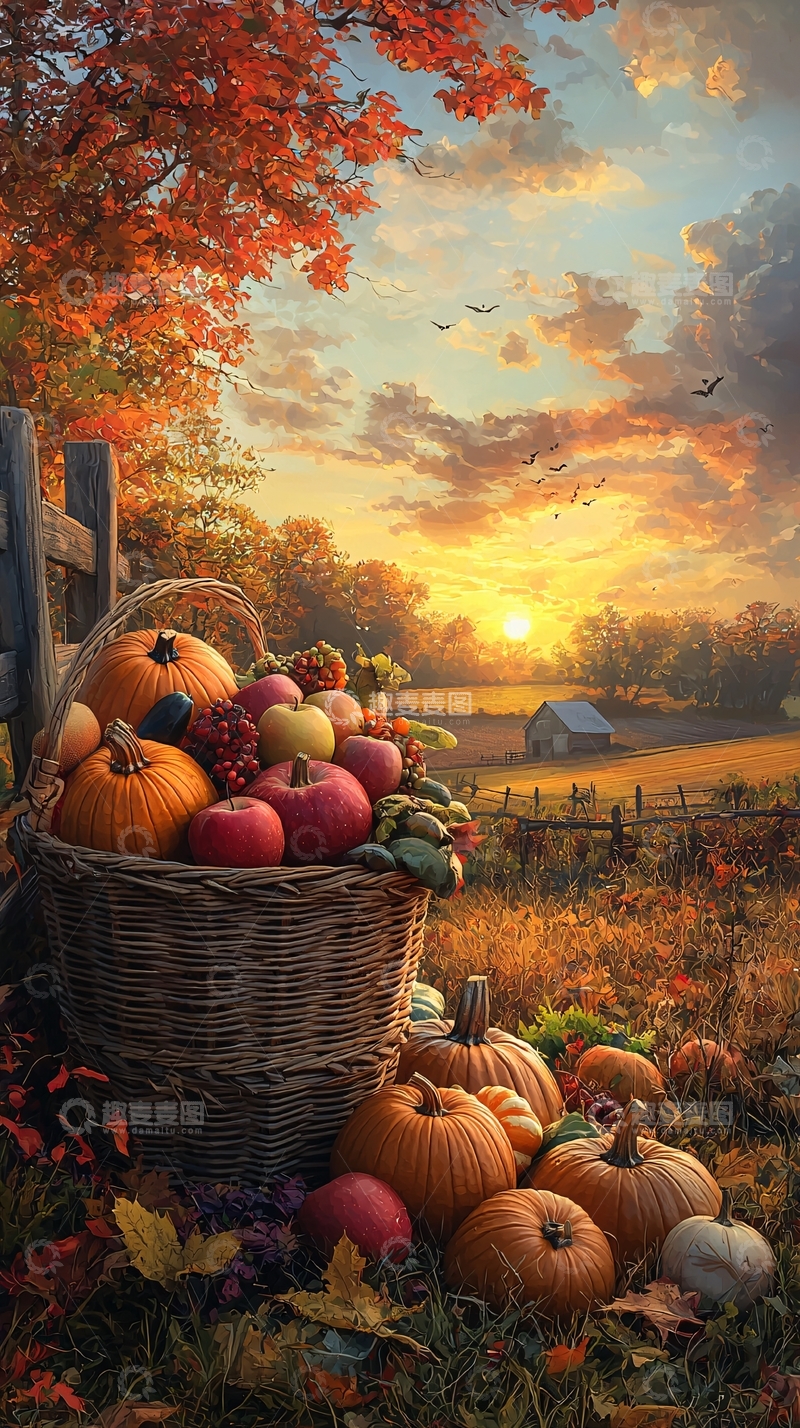 高清大图下载【趣麦麦图】秋日丰收篮子与南瓜