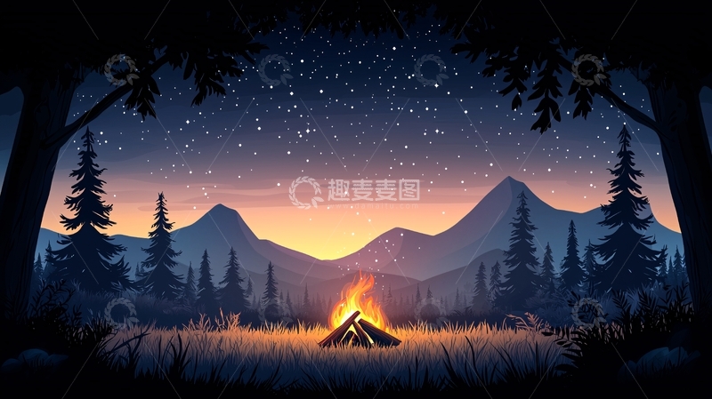 高清大图下载【趣麦麦图】夜晚篝火旁的静谧景色