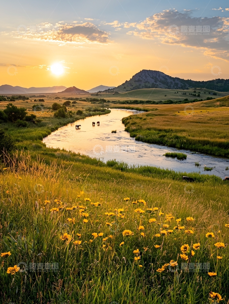 高清大图下载【趣麦麦图】夕阳下的草原河流与野花
