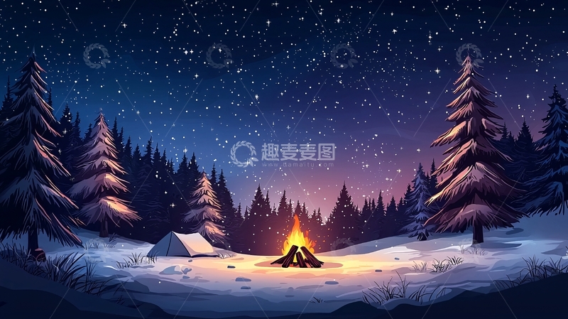 高清大图下载【趣麦麦图】雪地篝火星空