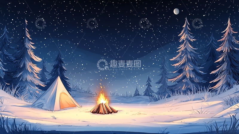 高清大图下载【趣麦麦图】雪夜篝火旁边的帐篷