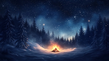 冬季森林篝火星空夜景