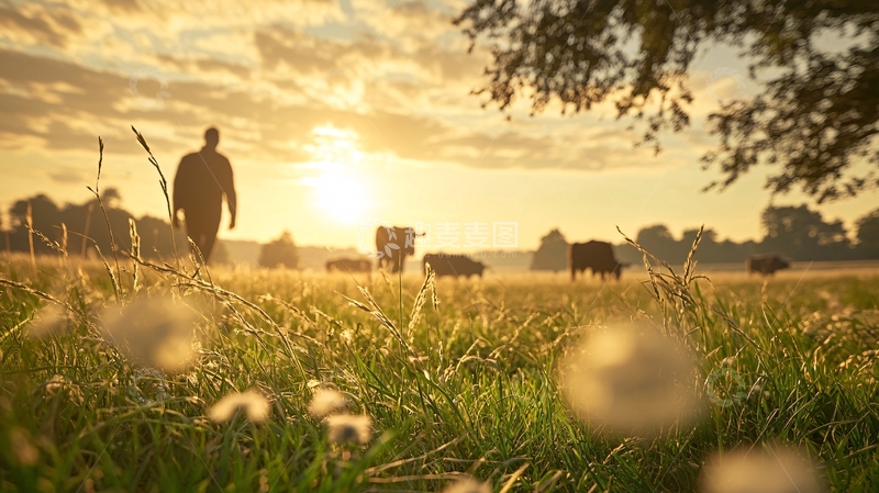 高清大图下载【趣麦麦图】夕阳下的牧人与牛群