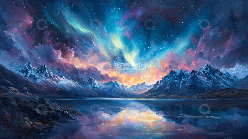 高清大图下载【趣麦麦图】雪山湖畔星空下的梦幻景色
