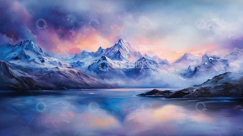 高清大图下载【趣麦麦图】雪山湖景油画艺术图