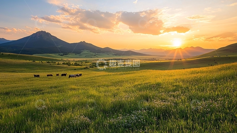 高清大图下载【趣麦麦图】夕阳下的草原牧场