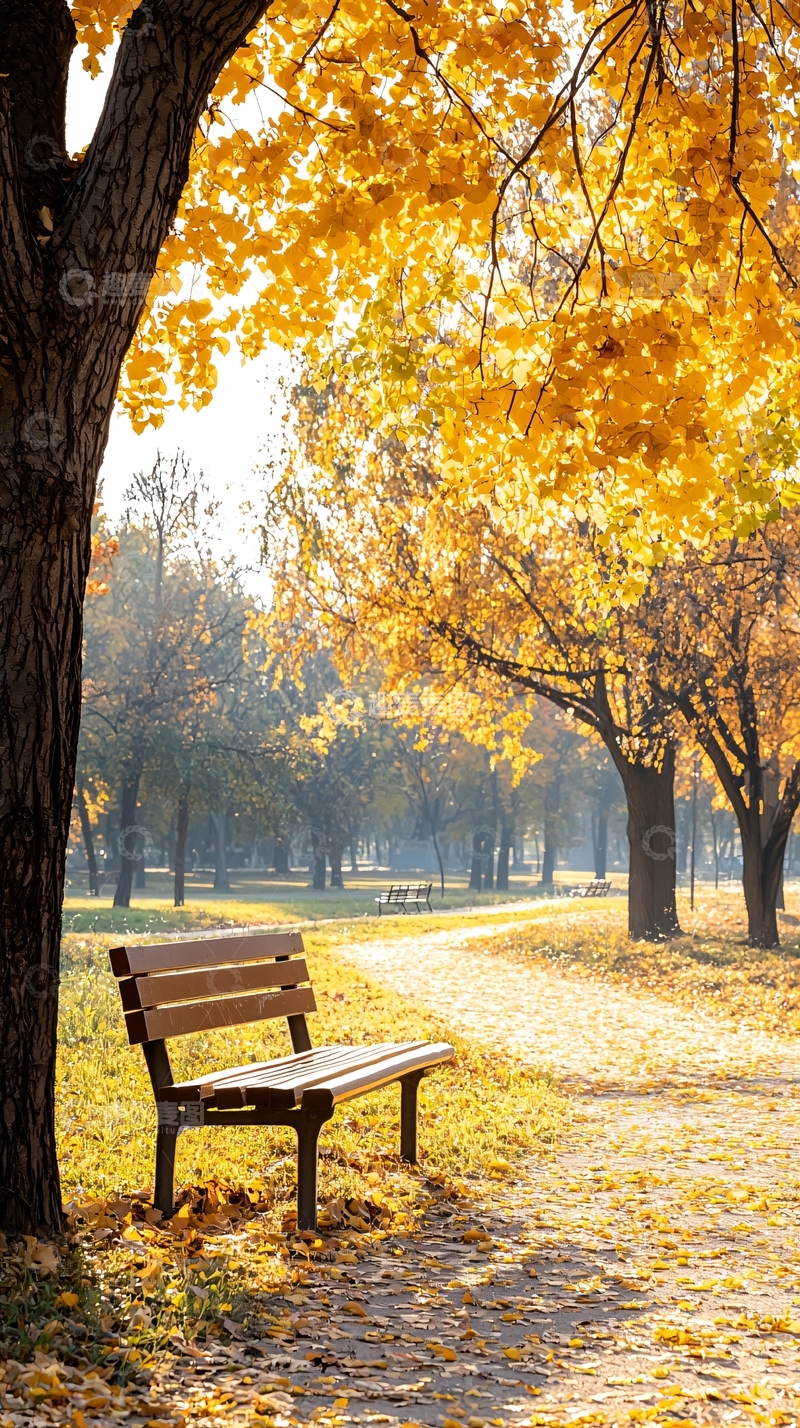 高清大图下载【趣麦麦图】秋日公园长椅与落叶