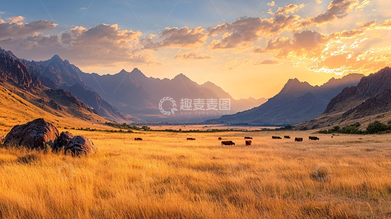 高清大图下载【趣麦麦图】夕阳下的草原与牛群
