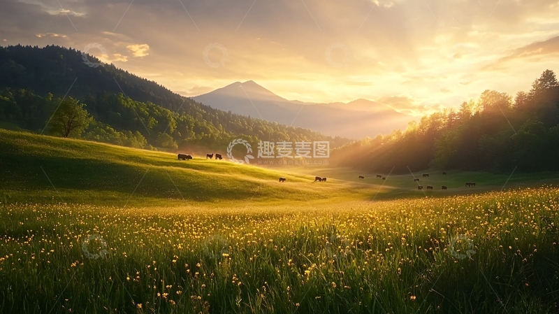 高清大图下载【趣麦麦图】夕阳下的山间牧场