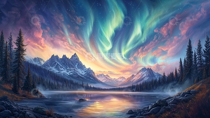 高清大图下载【趣麦麦图】极光下的雪山湖泊风景