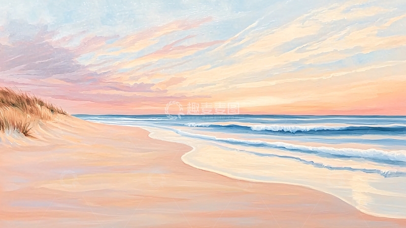 高清大图下载【趣麦麦图】夕阳海滩风景画