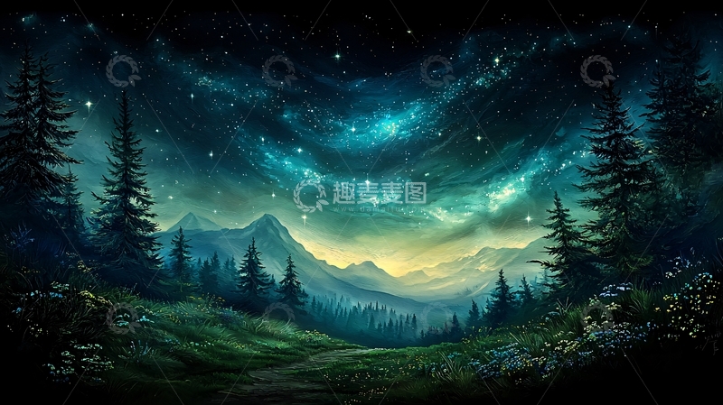 高清大图下载【趣麦麦图】夜空下的森林山脉