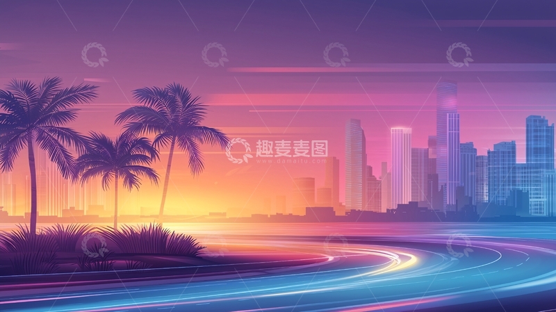 高清大图下载【趣麦麦图】霓虹色海滨城市夜景