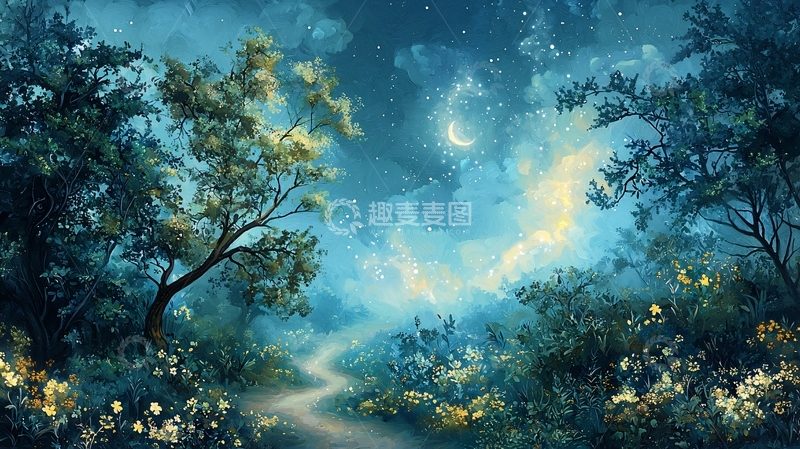 高清大图下载【趣麦麦图】梦幻星空下的森林小路