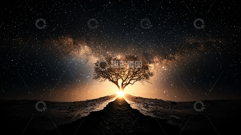 高清大图下载【趣麦麦图】孤树星空下的剪影