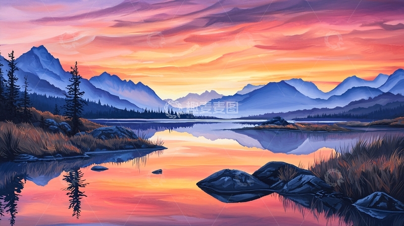 高清大图下载【趣麦麦图】日落山湖风景画