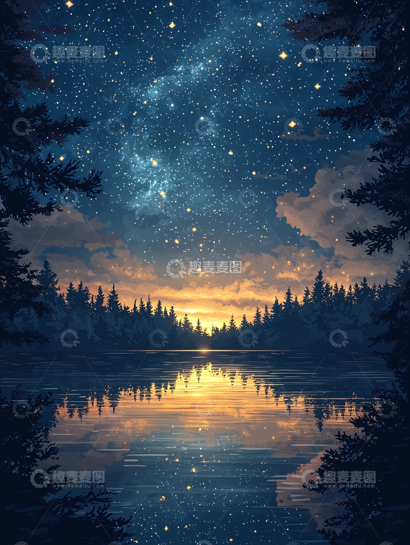 高清大图下载【趣麦麦图】夜空下的宁静湖景