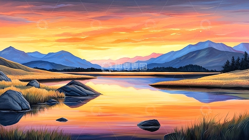 高清大图下载【趣麦麦图】日落山间宁静湖景