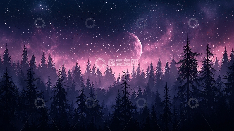 高清大图下载【趣麦麦图】星空森林月亮