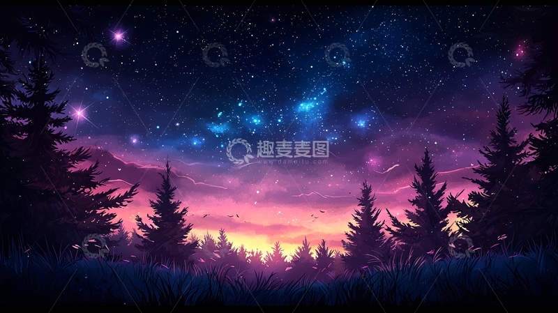 高清大图下载【趣麦麦图】夜空下的森林剪影