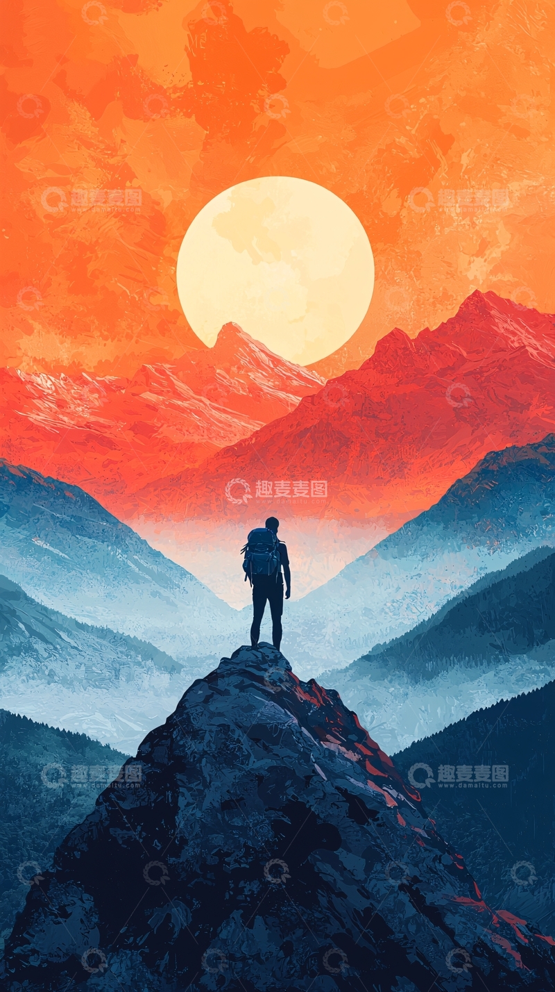 高清大图下载【趣麦麦图】山顶日落徒步旅行者