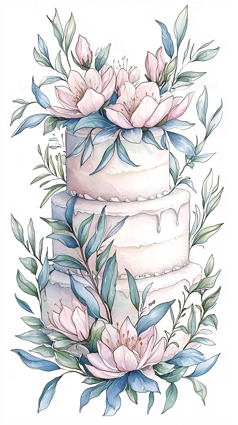 高清大图下载【趣麦麦图】三层婚礼蛋糕与花卉装饰插画