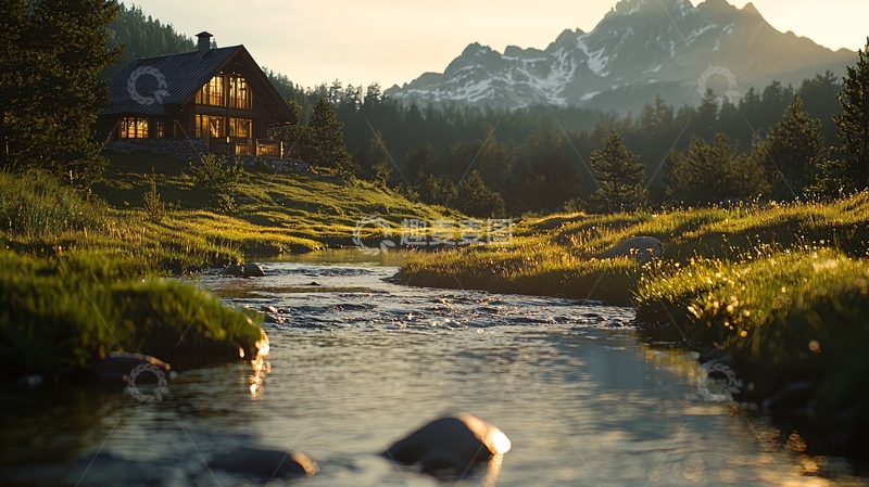 高清大图下载【趣麦麦图】山间小屋与溪流的宁静早晨