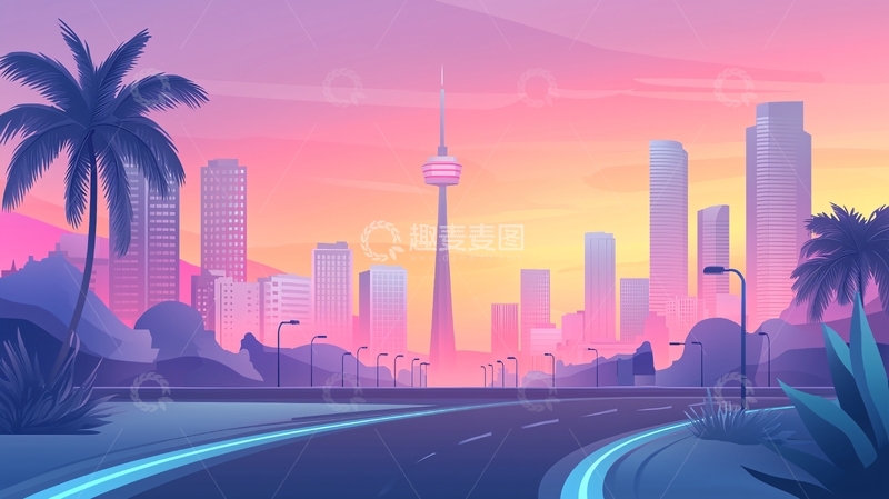 高清大图下载【趣麦麦图】未来城市粉紫色天空