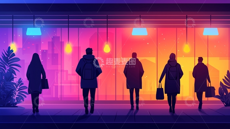 高清大图下载【趣麦麦图】霓虹灯下的行人剪影