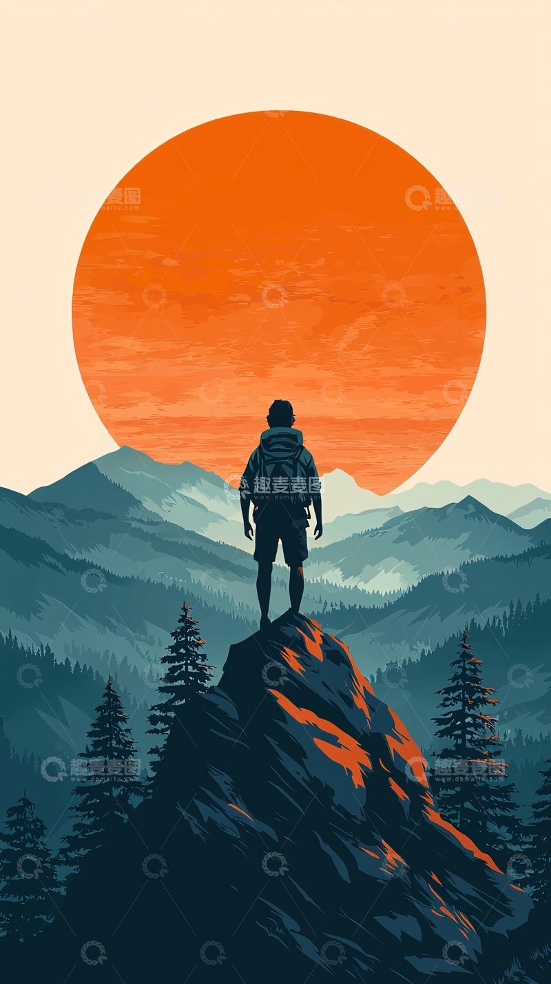 高清大图下载【趣麦麦图】日落山巅徒步旅行者