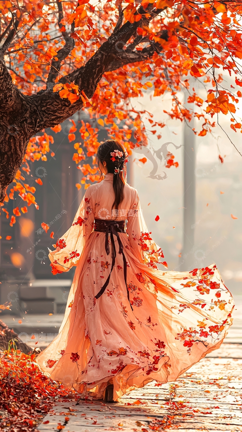 高清大图下载【趣麦麦图】秋日古风女子漫步落叶中