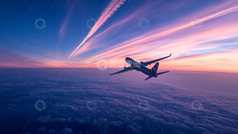 高清大图下载【趣麦麦图】夕阳下的飞机飞行场景
