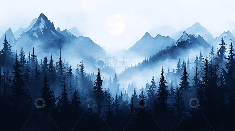 高清大图下载【趣麦麦图】月光下的森林山脉
