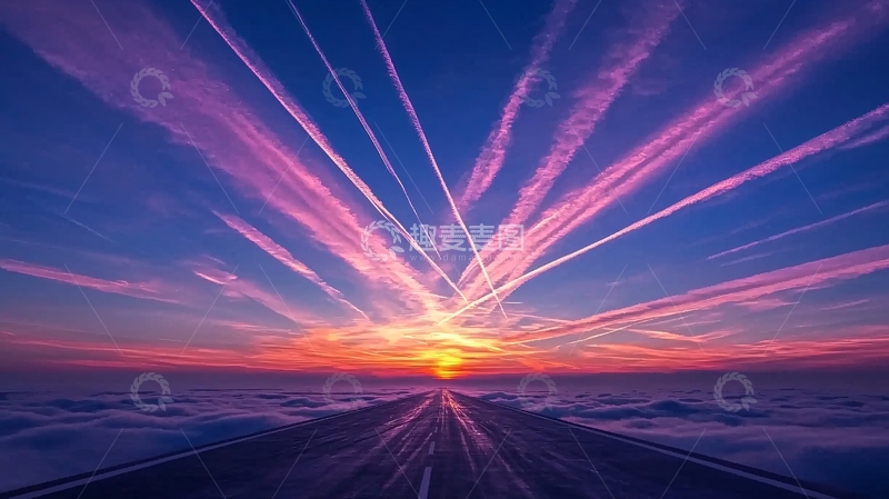 高清大图下载【趣麦麦图】夕阳跑道云海