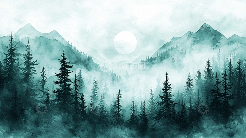 高清大图下载【趣麦麦图】雾中森林山景