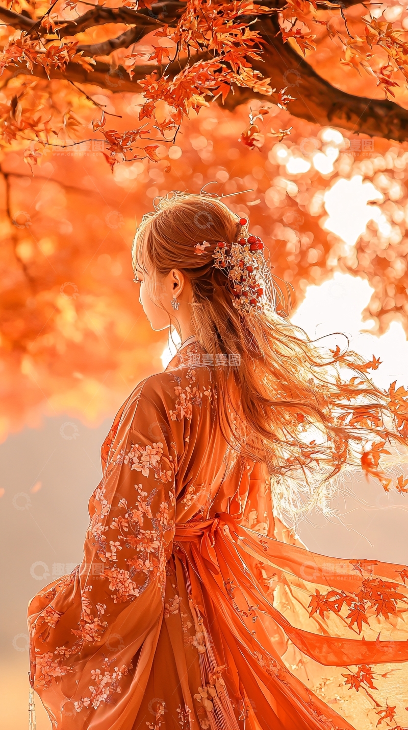 高清大图下载【趣麦麦图】秋日红叶下的古典女子