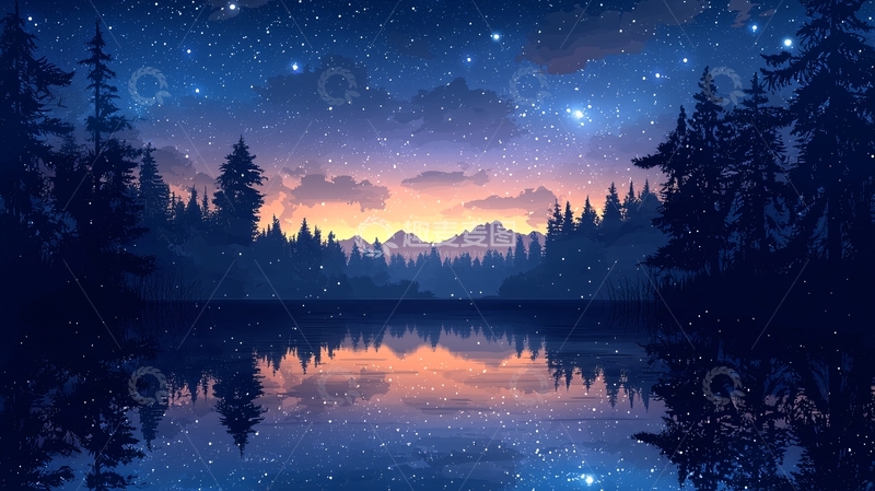 高清大图下载【趣麦麦图】夜色湖畔宁静森林