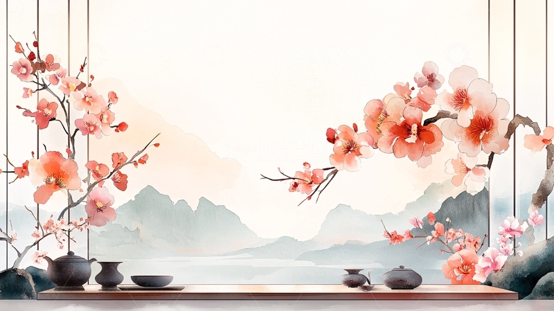 高清大图下载【趣麦麦图】樱花茶具山水画背景