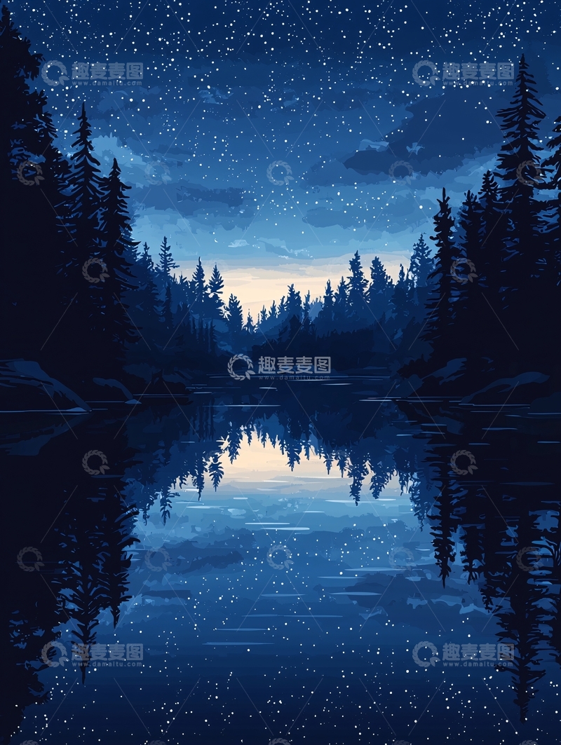 高清大图下载【趣麦麦图】夜色森林宁静湖景