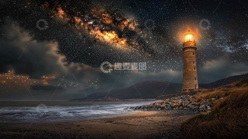 高清大图下载【趣麦麦图】海边灯塔在暴风雨夜发光