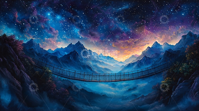 高清大图下载【趣麦麦图】绚丽星空下的山脉桥梁