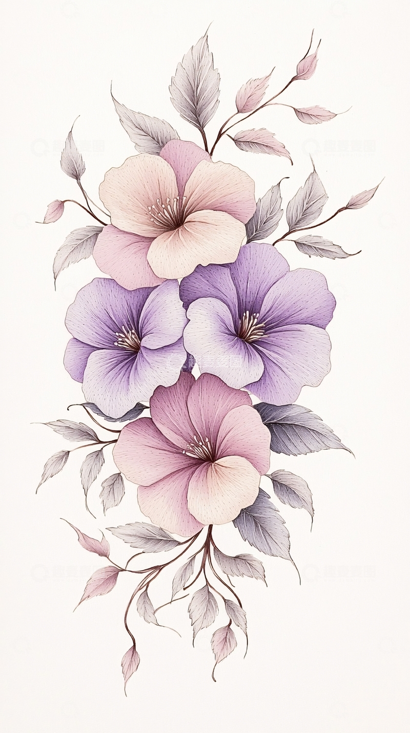 高清大图下载【趣麦麦图】紫色花朵手绘插画素材