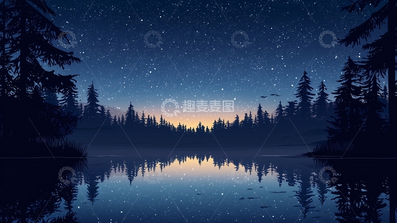 高清大图下载【趣麦麦图】夜色森林湖畔宁静场景